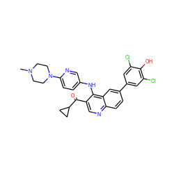 CN1CCN(c2ccc(Nc3c(C(=O)C4CC4)cnc4ccc(-c5cc(Cl)c(O)c(Cl)c5)cc34)cn2)CC1 ZINC000114038201