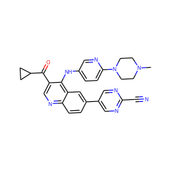 CN1CCN(c2ccc(Nc3c(C(=O)C4CC4)cnc4ccc(-c5cnc(C#N)nc5)cc34)cn2)CC1 ZINC000203987167