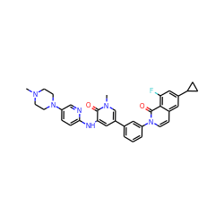 CN1CCN(c2ccc(Nc3cc(-c4cccc(-n5ccc6cc(C7CC7)cc(F)c6c5=O)c4)cn(C)c3=O)nc2)CC1 ZINC000221764147