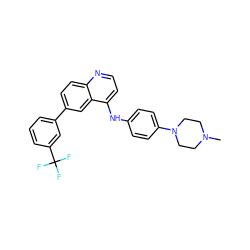 CN1CCN(c2ccc(Nc3ccnc4ccc(-c5cccc(C(F)(F)F)c5)cc34)cc2)CC1 ZINC000058538355