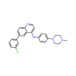 CN1CCN(c2ccc(Nc3ccnc4ccc(-c5cccc(Cl)c5)cc34)cc2)CC1 ZINC000058537952