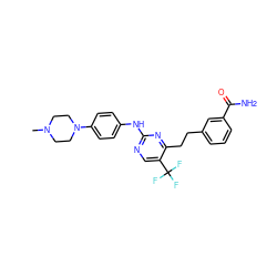 CN1CCN(c2ccc(Nc3ncc(C(F)(F)F)c(CCc4cccc(C(N)=O)c4)n3)cc2)CC1 ZINC000147744036