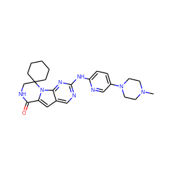 CN1CCN(c2ccc(Nc3ncc4cc5n(c4n3)C3(CCCCC3)CNC5=O)nc2)CC1 ZINC000143683854