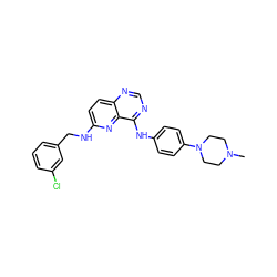 CN1CCN(c2ccc(Nc3ncnc4ccc(NCc5cccc(Cl)c5)nc34)cc2)CC1 ZINC000169325468