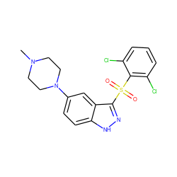 CN1CCN(c2ccc3[nH]nc(S(=O)(=O)c4c(Cl)cccc4Cl)c3c2)CC1 ZINC000064454405