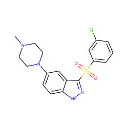 CN1CCN(c2ccc3[nH]nc(S(=O)(=O)c4cccc(Cl)c4)c3c2)CC1 ZINC000003820941