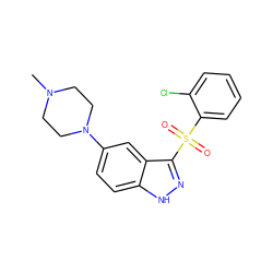 CN1CCN(c2ccc3[nH]nc(S(=O)(=O)c4ccccc4Cl)c3c2)CC1 ZINC000064447580