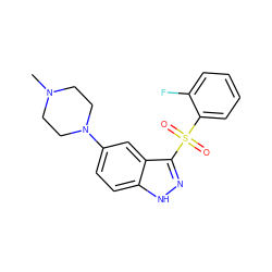 CN1CCN(c2ccc3[nH]nc(S(=O)(=O)c4ccccc4F)c3c2)CC1 ZINC000064448686