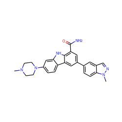 CN1CCN(c2ccc3c(c2)[nH]c2c(C(N)=O)cc(-c4ccc5c(cnn5C)c4)cc23)CC1 ZINC000113201951