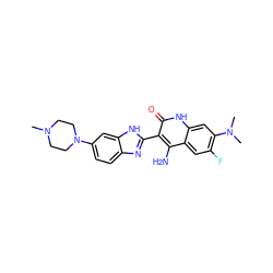 CN1CCN(c2ccc3nc(-c4c(N)c5cc(F)c(N(C)C)cc5[nH]c4=O)[nH]c3c2)CC1 ZINC000040429734