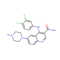 CN1CCN(c2ccc3ncc(C(N)=O)c(Nc4ccc(Cl)c(Cl)c4)c3c2)CC1 ZINC000040936664