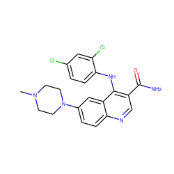 CN1CCN(c2ccc3ncc(C(N)=O)c(Nc4ccc(Cl)cc4Cl)c3c2)CC1 ZINC000040936662