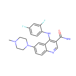 CN1CCN(c2ccc3ncc(C(N)=O)c(Nc4ccc(F)cc4F)c3c2)CC1 ZINC000040414180