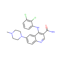 CN1CCN(c2ccc3ncc(C(N)=O)c(Nc4cccc(Cl)c4Cl)c3c2)CC1 ZINC000040936665