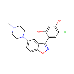 CN1CCN(c2ccc3onc(-c4cc(Cl)c(O)cc4O)c3c2)CC1 ZINC000014974440