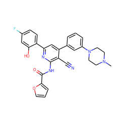 CN1CCN(c2cccc(-c3cc(-c4ccc(F)cc4O)nc(NC(=O)c4ccco4)c3C#N)c2)CC1 ZINC000053298588