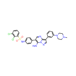 CN1CCN(c2cccc(-c3cnn4c(N)c(-c5ccc(NS(=O)(=O)c6cccc(Cl)c6Cl)cc5)cnc34)c2)CC1 ZINC000049777099