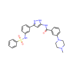 CN1CCN(c2cccc(C(=O)Nc3cc(-c4cccc(NS(=O)(=O)c5ccccc5)c4)n[nH]3)c2)CC1 ZINC000072177444