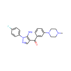 CN1CCN(c2cccc(C(=O)c3cnn(-c4ccc(F)cc4)c3N)c2)CC1 ZINC000013683017