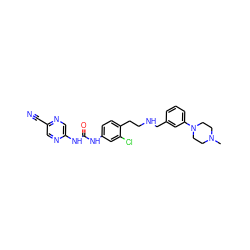 CN1CCN(c2cccc(CNCCc3ccc(NC(=O)Nc4cnc(C#N)cn4)cc3Cl)c2)CC1 ZINC000140207595