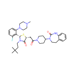 CN1CCN(c2cccc(F)c2[C@@H]2S[C@H](CC(=O)N3CCC(N4CCc5ccccc5NC4=O)CC3)C(=O)N2CCC(C)(C)C)CC1 ZINC000150606273