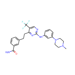 CN1CCN(c2cccc(Nc3ncc(C(F)(F)F)c(CCc4cccc(C(N)=O)c4)n3)c2)CC1 ZINC000147799155