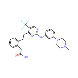 CN1CCN(c2cccc(Nc3ncc(C(F)(F)F)c(CCc4ccccc4CC(N)=O)n3)c2)CC1 ZINC000147725401