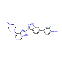 CN1CCN(c2cccc3[nH]c(-c4n[nH]c5cc(-c6ccc(N)c(F)c6)ccc45)nc23)CC1 ZINC000040413742