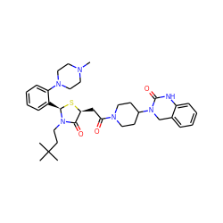 CN1CCN(c2ccccc2[C@H]2S[C@@H](CC(=O)N3CCC(N4Cc5ccccc5NC4=O)CC3)C(=O)N2CCC(C)(C)C)CC1 ZINC000103268259