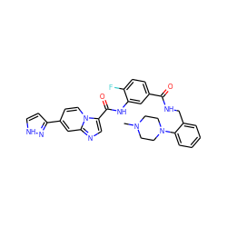 CN1CCN(c2ccccc2CNC(=O)c2ccc(F)c(NC(=O)c3cnc4cc(-c5cc[nH]n5)ccn34)c2)CC1 ZINC001772631798