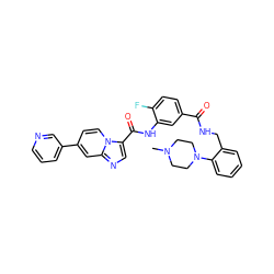 CN1CCN(c2ccccc2CNC(=O)c2ccc(F)c(NC(=O)c3cnc4cc(-c5cccnc5)ccn34)c2)CC1 ZINC000142385180