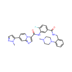 CN1CCN(c2ccccc2CNC(=O)c2ccc(F)c(NC(=O)c3cnc4cc(-c5ccnn5C)ccn34)c2)CC1 ZINC000142346083