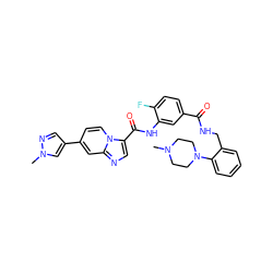 CN1CCN(c2ccccc2CNC(=O)c2ccc(F)c(NC(=O)c3cnc4cc(-c5cnn(C)c5)ccn34)c2)CC1 ZINC000142460273