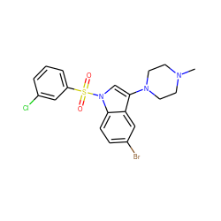 CN1CCN(c2cn(S(=O)(=O)c3cccc(Cl)c3)c3ccc(Br)cc23)CC1 ZINC000066259602