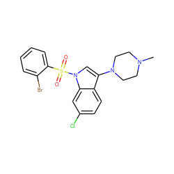 CN1CCN(c2cn(S(=O)(=O)c3ccccc3Br)c3cc(Cl)ccc23)CC1 ZINC000066251542