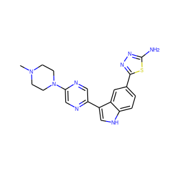 CN1CCN(c2cnc(-c3c[nH]c4ccc(-c5nnc(N)s5)cc34)cn2)CC1 ZINC000204768472