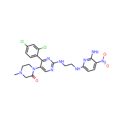 CN1CCN(c2cnc(NCCNc3ccc([N+](=O)[O-])c(N)n3)nc2-c2ccc(Cl)cc2Cl)C(=O)C1 ZINC000028970484