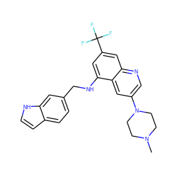 CN1CCN(c2cnc3cc(C(F)(F)F)cc(NCc4ccc5cc[nH]c5c4)c3c2)CC1 ZINC000169329674