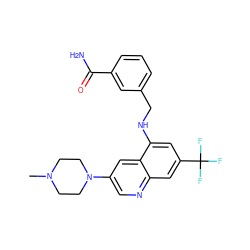 CN1CCN(c2cnc3cc(C(F)(F)F)cc(NCc4cccc(C(N)=O)c4)c3c2)CC1 ZINC000169329641