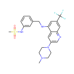 CN1CCN(c2cnc3cc(C(F)(F)F)cc(NCc4cccc(NS(C)(=O)=O)c4)c3c2)CC1 ZINC000169329662