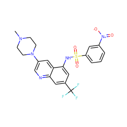 CN1CCN(c2cnc3cc(C(F)(F)F)cc(NS(=O)(=O)c4cccc([N+](=O)[O-])c4)c3c2)CC1 ZINC000071315779