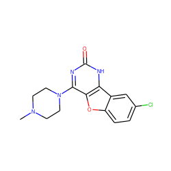 CN1CCN(c2nc(=O)[nH]c3c2oc2ccc(Cl)cc23)CC1 ZINC000049069685