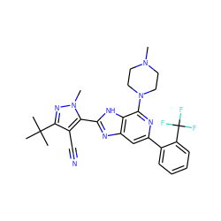 CN1CCN(c2nc(-c3ccccc3C(F)(F)F)cc3nc(-c4c(C#N)c(C(C)(C)C)nn4C)[nH]c23)CC1 ZINC000141920261