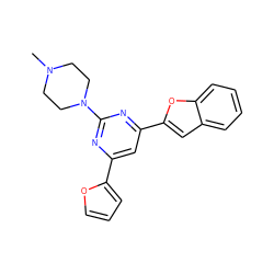 CN1CCN(c2nc(-c3ccco3)cc(-c3cc4ccccc4o3)n2)CC1 ZINC000013808399