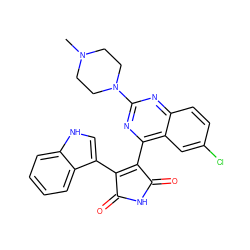 CN1CCN(c2nc(C3=C(c4c[nH]c5ccccc45)C(=O)NC3=O)c3cc(Cl)ccc3n2)CC1 ZINC000095576042