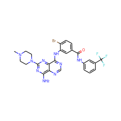 CN1CCN(c2nc(N)c3ncnc(Nc4cc(C(=O)Nc5cccc(C(F)(F)F)c5)ccc4Br)c3n2)CC1 ZINC000148035356
