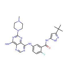 CN1CCN(c2nc(N)c3ncnc(Nc4ccc(F)c(C(=O)Nc5cc(C(C)(C)C)n[nH]5)c4)c3n2)CC1 ZINC000148053350