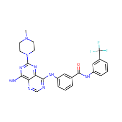 CN1CCN(c2nc(N)c3ncnc(Nc4cccc(C(=O)Nc5cccc(C(F)(F)F)c5)c4)c3n2)CC1 ZINC000148033221