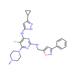 CN1CCN(c2nc(NCc3cc(-c4ccccc4)no3)nc(Nc3cc(C4CC4)n[nH]3)c2Cl)CC1 ZINC000117114154