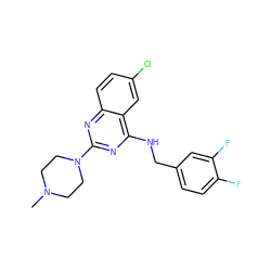 CN1CCN(c2nc(NCc3ccc(F)c(F)c3)c3cc(Cl)ccc3n2)CC1 ZINC000040423554